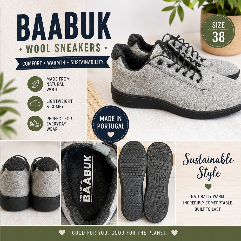 Baabuk Wool Sneakers Grey Black Sustainable Felt Walking Shoes Women Size 7.5 38